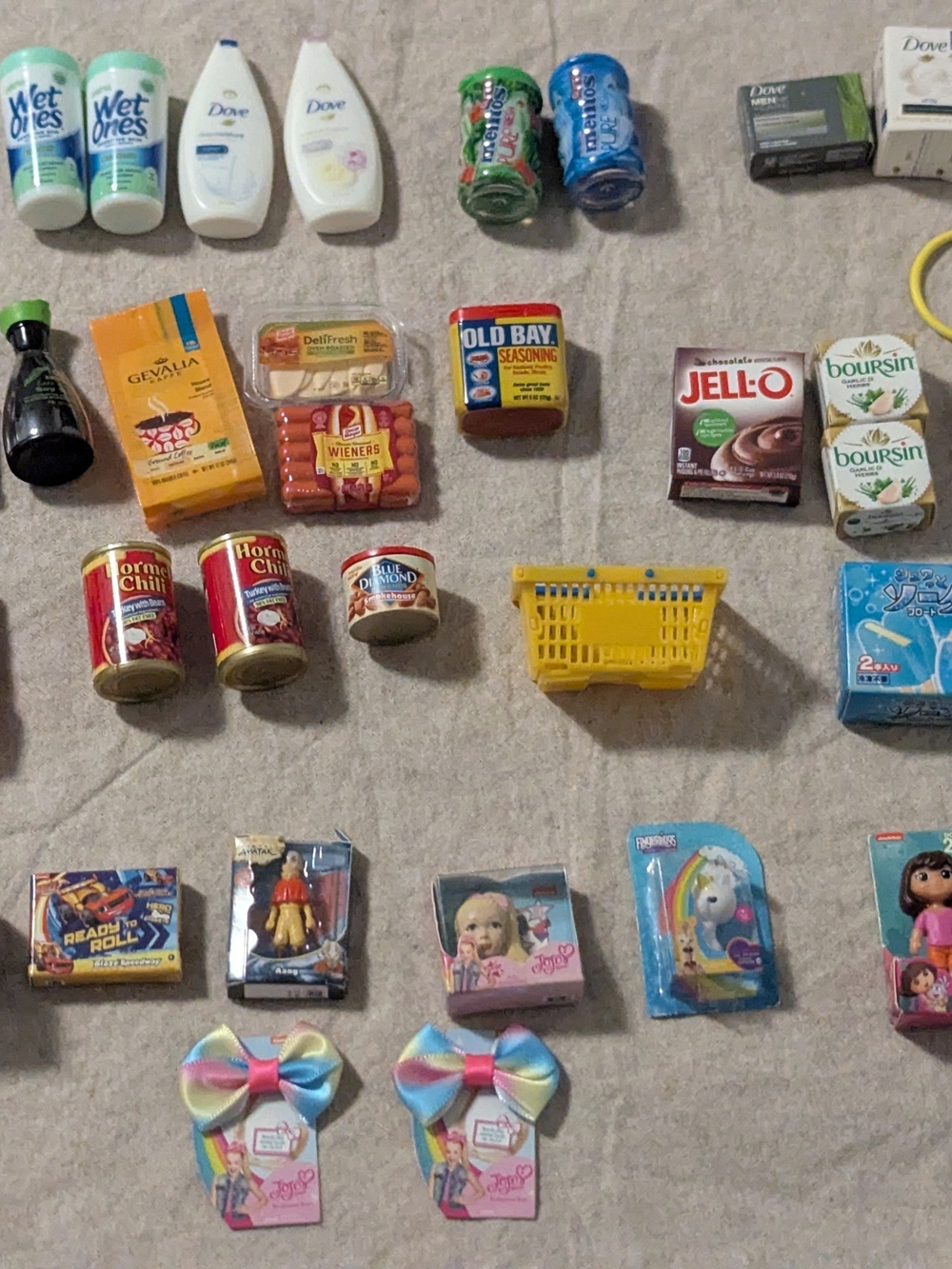 Assorted Brands Pretend Play Mini Groceries Lot w/ Basket, Jell-O, Old Bay, etc